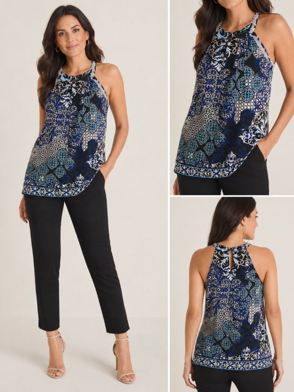 White House Black Market Sleeveless Chain Strap Printed Top Blue Black Geometric